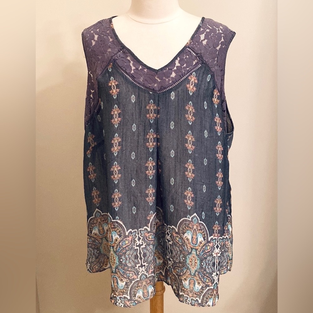 Zac & Rachel Women Gray Blue Orange Print SZ 2X Boho Eclectic Coastal Lace Top